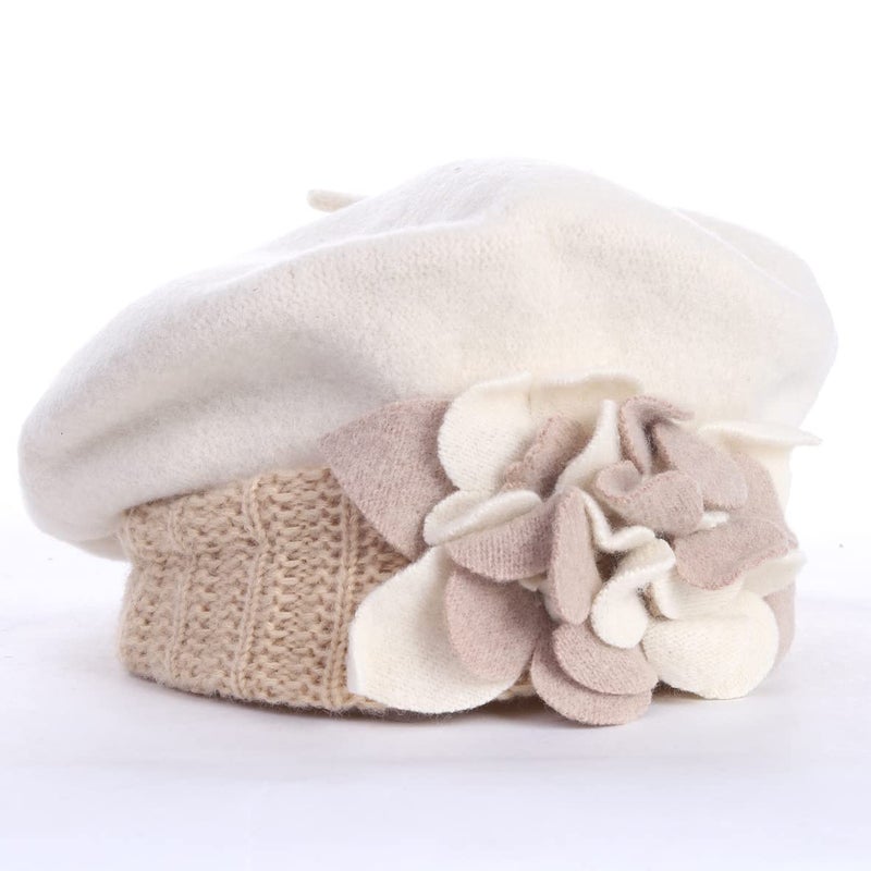 VECRY Lady French Beret 100% Wool Beret Floral Dress Beanie Winter Hat (Floral-Ivory) - Image 2